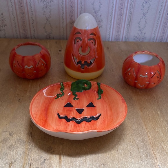 unmarked Other - Halloween Pumpkin Ceramic Plate Pumpkin candle holders and candy corn tea light